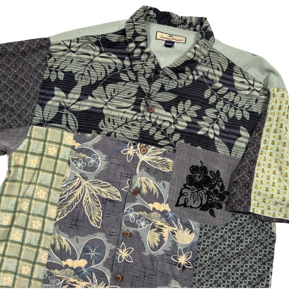 Tommy Bahama SILK Button Shirt Men L Green Patchwork Paradise Camp Floral Hawaii